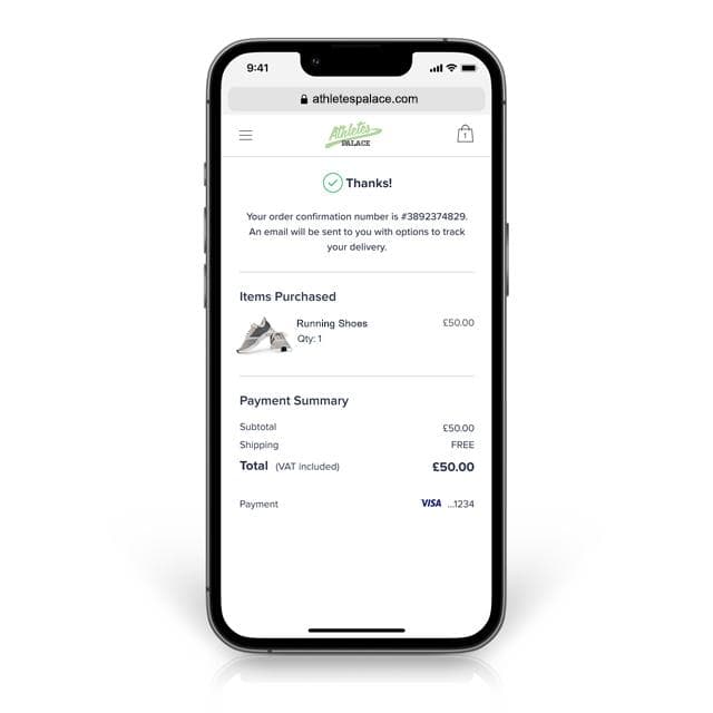 Ecommerce order confirmation screen showing purchase and delivery details