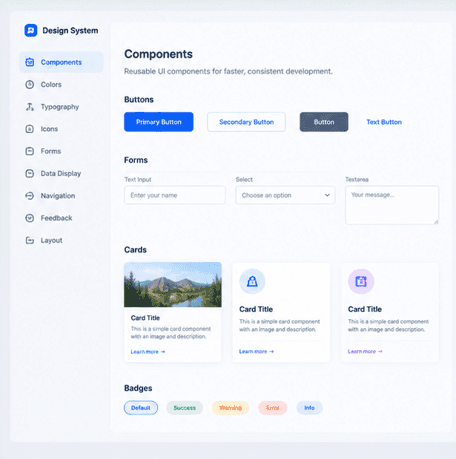 UI component sheet featuring buttons, forms, cards, and interface elements